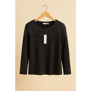 Chico’s Black Lace Cutout Knit Top – Long Sleeve, Elegant Boho Blouse, Size (M)